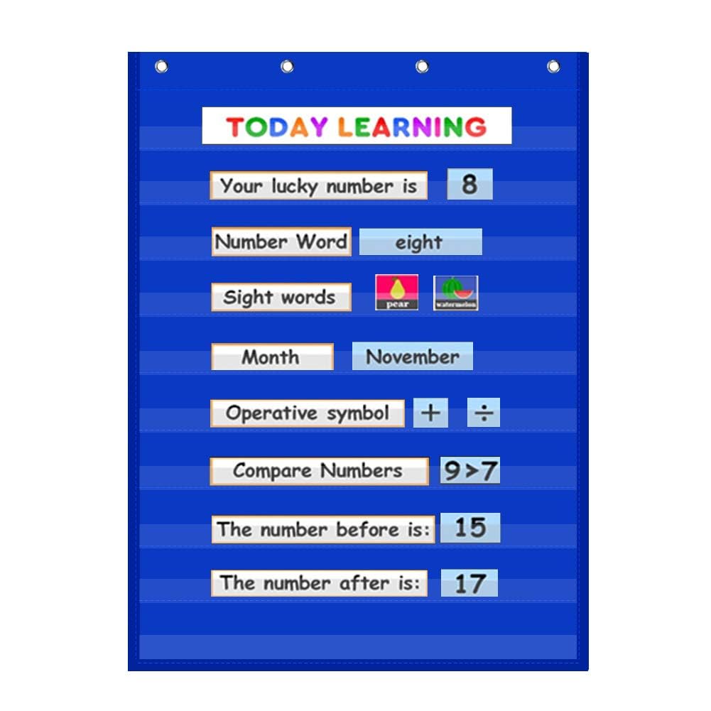 AUVCAS VNOM Standard Pocket Chart Clear 10 Pockets Chart for Classroom & Home Heavy Duty Hanging Pocket Chart for Word Wall/Letter Cards/Sentence Strips,28x43 Inch（Blue)