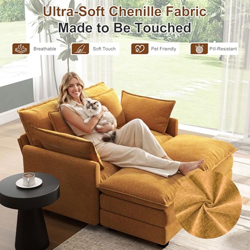 Image of 58 inch Cloud Couch Sectional Modular Sofa, Deep Seat Couches with Ottoman and Removable Washable Pillows for Living Room, Bedroom, Apartment, Orange