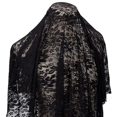 CABODYALS Tissu Dentelle Extensible Noir 1.75 mètre Tulle Floral Vintage Élastique Accessoires de Couture Vendu au Mètre Bordure Florale Brodée Tissu pour...