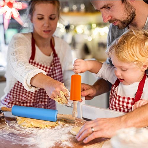 Foto von Silikon-Teigroller Antihaft-Oberfläche Nudelholz Mittel- und Minigröße Holzgriff Nudelhölzer für Backen Pizza Kekse 2 Stück (Blau & Orange)