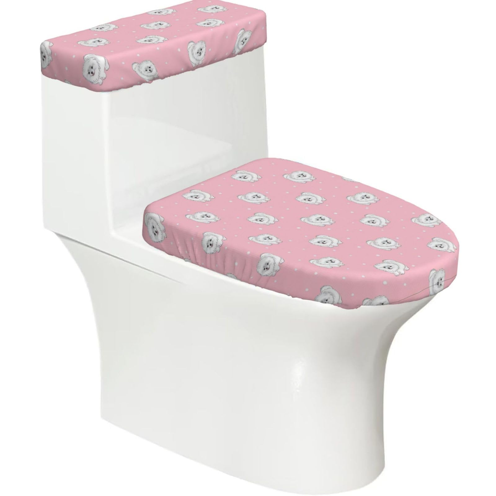 Pomeranians Puppies and Point 2-Piece Toilet Seat Cover Set with Tank Lid, Elastic Fit for U-Shape & Elongated Toilets, Bathroom Decor, Housewarming Gift