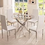 QJZLXKYT Round Dining Table Set for 4, Modern Glass Dining Room Table with Chairs, 5 Piece Kitchen...