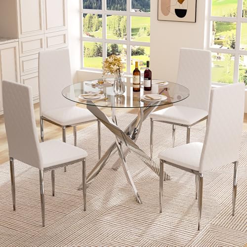 QJZLXKYT Round Dining Table Set for 4, Modern Glass Dining Room Table with Chairs, 5 Piece Kitchen Table and Chairs Set, for Living Room, Small Space (Include 4 White Chairs)