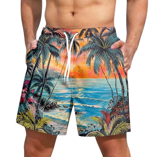 Shorts for Men Summer No Liner Elastic Waist Drawstring Shorts 2025 Quick Dry Tropical Floral Swimsuit with Pockets