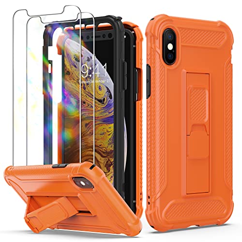 ORETECH [5-in-1 Funda para iPhone XS MAX, con [Soporte de Dos vías, 2 Piezas Protector de Pantalla, Carcasa Frontal y Trasera] 360 Grados Antigolpes Silicona y PC para Funda iPhone XS MAX, Naranja