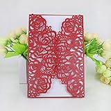 WOMHOPE® 50 Pcs - Large Rose Hollow Laser Cut Wedding Invitation Lace Shimmer Party Invitations Cards Birthday Invitations Cards Wedding Favors (Red (White inner sheet))