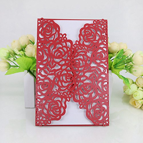 WOMHOPE® 50 Pcs - Large Rose Hollow Laser Cut Wedding Invitation Lace Shimmer Party Invitations Cards Birthday Invitations Cards Wedding Favors (Red (White Inner Sheet))
