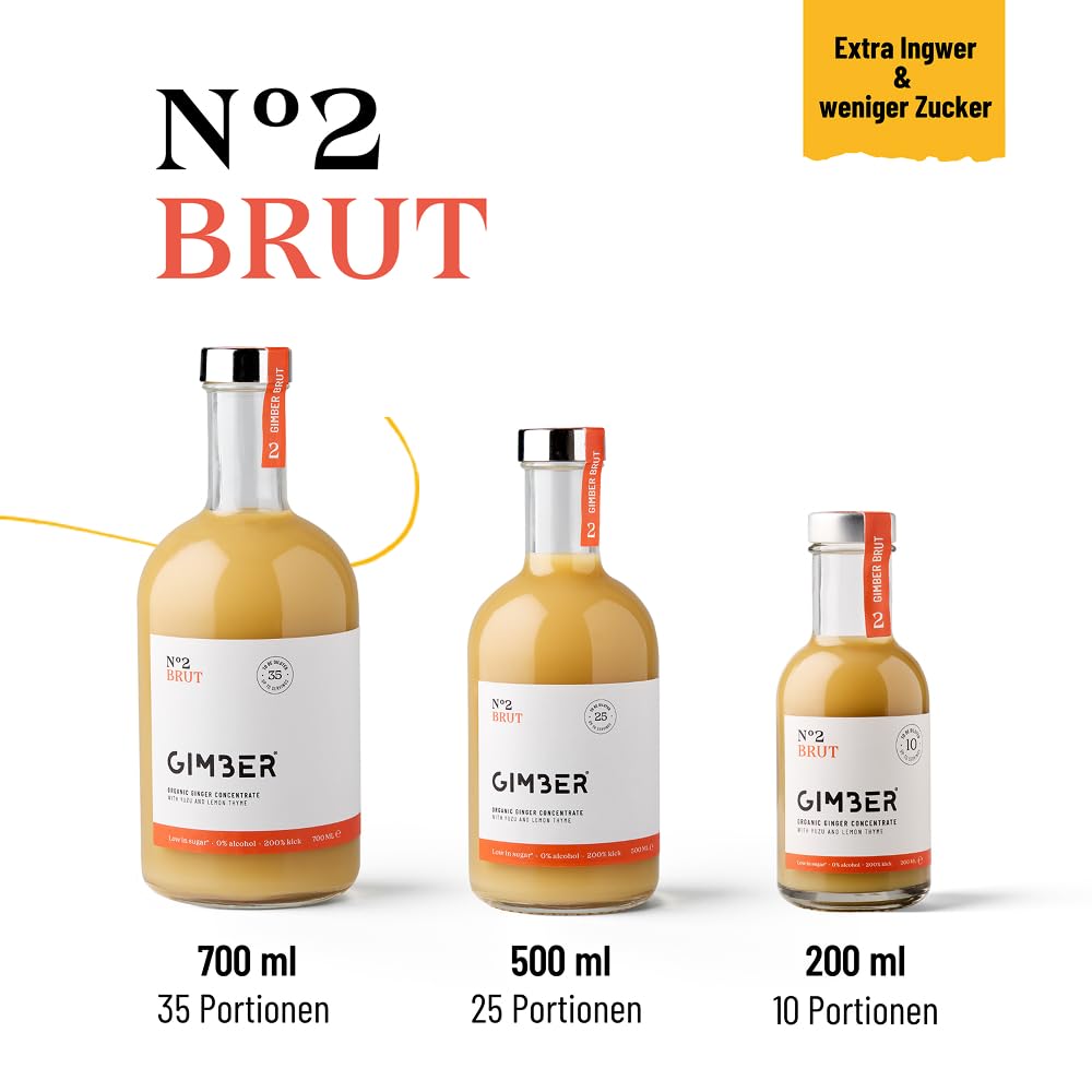 GIMBER N°2 700ml Brut | Biologisches Ingwerkonzentrat mit 50% weniger Zucker Alkoholfreier Ingweressenz aus Ingwer, Yuzu Frucht & Zitronenthymian 100% natürlich, vegan & ideal für Getränke & Cocktails