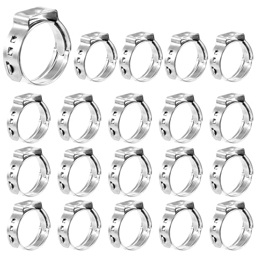 Songella Colliers de Serrage à Une Oreille 17.8-21mm Pince de Tuyau en Acier Inoxydable Colliers de Serrage à Sertir pour Sécuriser les Tuyaux 20 Pièces