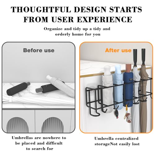 Image of HASTHIP Wall Umbrella Holder Storage Organizer Rack with Hooks, No Drill Wall Mounted Multi Hook Rack Umbrella Organizer Rack for Folding Umbrella, Golf Umbrella