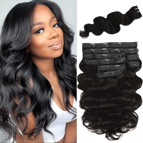Body Wave Clip in Hair Extensions Real Human Hair 8Pcs 110g/3.9oz 14 Inch Body Wave Clip ins Brazilian Remy Human Hair Extensions for Women Per Set with 20 Clips Double Weft Natural Black