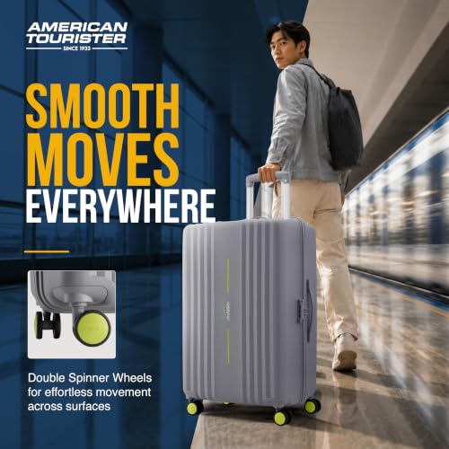 Image of American Tourister Cleva S | Luggage Trolley Bag (77 cm) | 360 8 Wheel Travel Luggage | 2 Compartments | Hard Luggage Polypropylene Suitcase | Mounted TSA Lock | 3 Years Global Warranty | Grey & Lime
