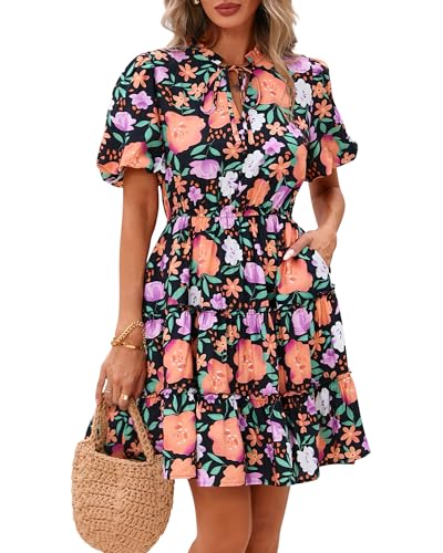 BTFBM Women Summer Floral Short Dresses V Neck Short Sleeve Tiered Ruffle Boho Swing Dress A-Line...