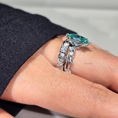 Marquise Cut Teal Blue Green Moissanite Engagement Ring Set with Vintage Inspired Solitaire and Square Diamond Eternity Band – Unique Bridal Ring Set for Women3