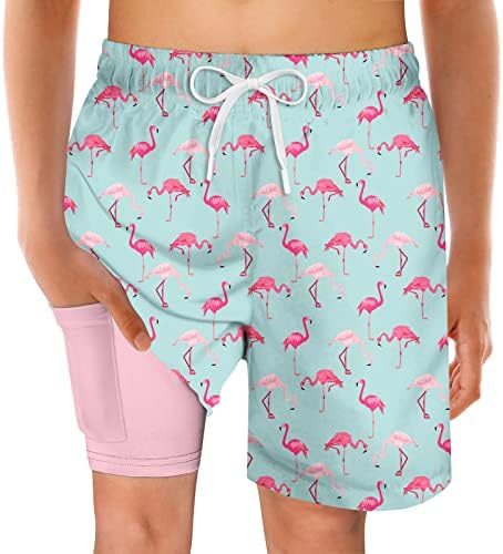 Boys Swim Trunks Size 14-16 with Compression Liner Swimming Flamingo Bathing Suit Swimsuit Beach Swim Shorts for Teens