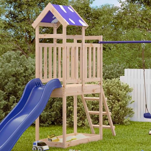 Torre de juego infantil con tobogán, ventana y porche para juegos de exterior