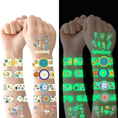 Tattoo Kinder, 20 Blätter Leuchtendes Uhr Nachtisch Temporäre Tattoos Set, Leuchten im Dunkeln Wasserdichte Hautfreundliche Kindertattoos, Party Zubehör für Kindergeburtstag Mitgebsel Cover