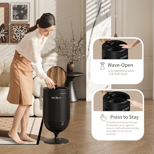 Image of MRBIN Metal Motion Sensor Trash Can with Lid, 5.3 Gallon Wine Glass Shaped Automatic Waste Basket Touchless, Smart Round Tall Garbage with High Leg for Office, Bedroom, Kitchen, Black
