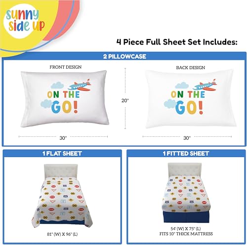 Image of Sunny Side Up On The Go Full Sheet Set - 4 Piece Kids Bedding Set Includes Pillow Cover - Super Soft Vehicles Microfiber Sheets