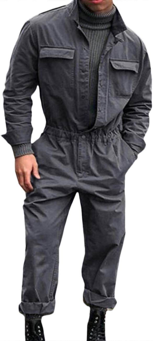 SOMTHRON Men's Oversize Work Boilersuit Uniform Coveralls Stand Collar Loose One Piece Streetwear Overalls Jumpsuit