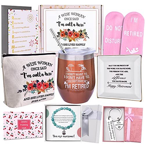 Retirement Gifts for Women 2021, Happy Retirement Gifts for Coworker, Retired Friends, Boss, Teachers, Nurses, Mom, Grandma, Retirees-Wine Tumbler, Farewell Bracelet, Ring Dish, Socks, Bag, Keychain