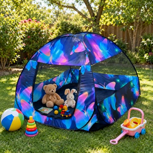 Image of Foldable Play Tent House Big Size for Girl Boys with Butterfly Theme Pop-Up Indoor & Outdoor Playhouse for Girls Boys Multi Purpose Tent with Fun Patterns Easy Setup & Portable (ButterflyBlue)