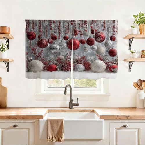 Image of Self Adhesive Red & Silver Bauble Cabinet Curtain for Mother's Day, 39x28 Inch Sparkling Ornaments Under Sink Skirt No Drill, Spring Cleaning Kitchen Decor, Hook and Loop Valance