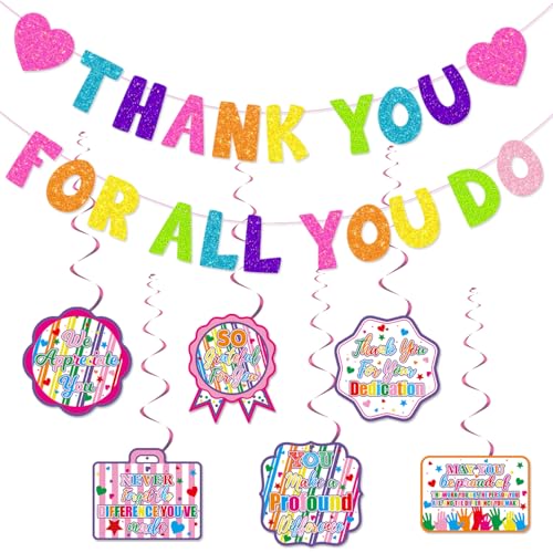 We Appreciate You Decorations Colorful Glitter Thank You for All You Do Banner Appreciation Hanging Swirls Employee Coworker Staff Teacher Doctor Nurses Appreciation Party Favor