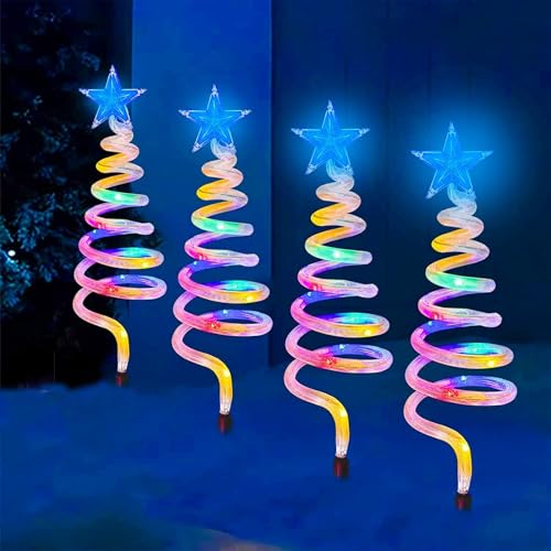 Festive Fix 48 LED Spiral Christmas Tree Pathway Lighting - Multicolored Set of 4 Outdoor Xmas Decorations for Garden Paths, Tree Lights for Pathways, Walkways, and Holiday Displays