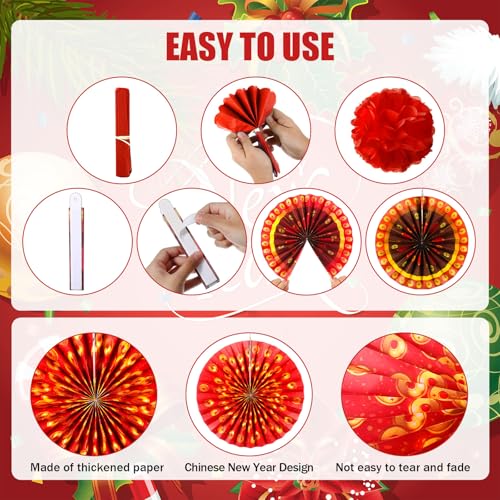 Outus 21 Pcs Chinese Lunar New Year Decorations Paper Fans Red Lucky Hanging Ornaments Tissue Pom Poms Ceiling Wall Decor for 2026 Year of The Snake Chinese Spring Festival Party Supplies
