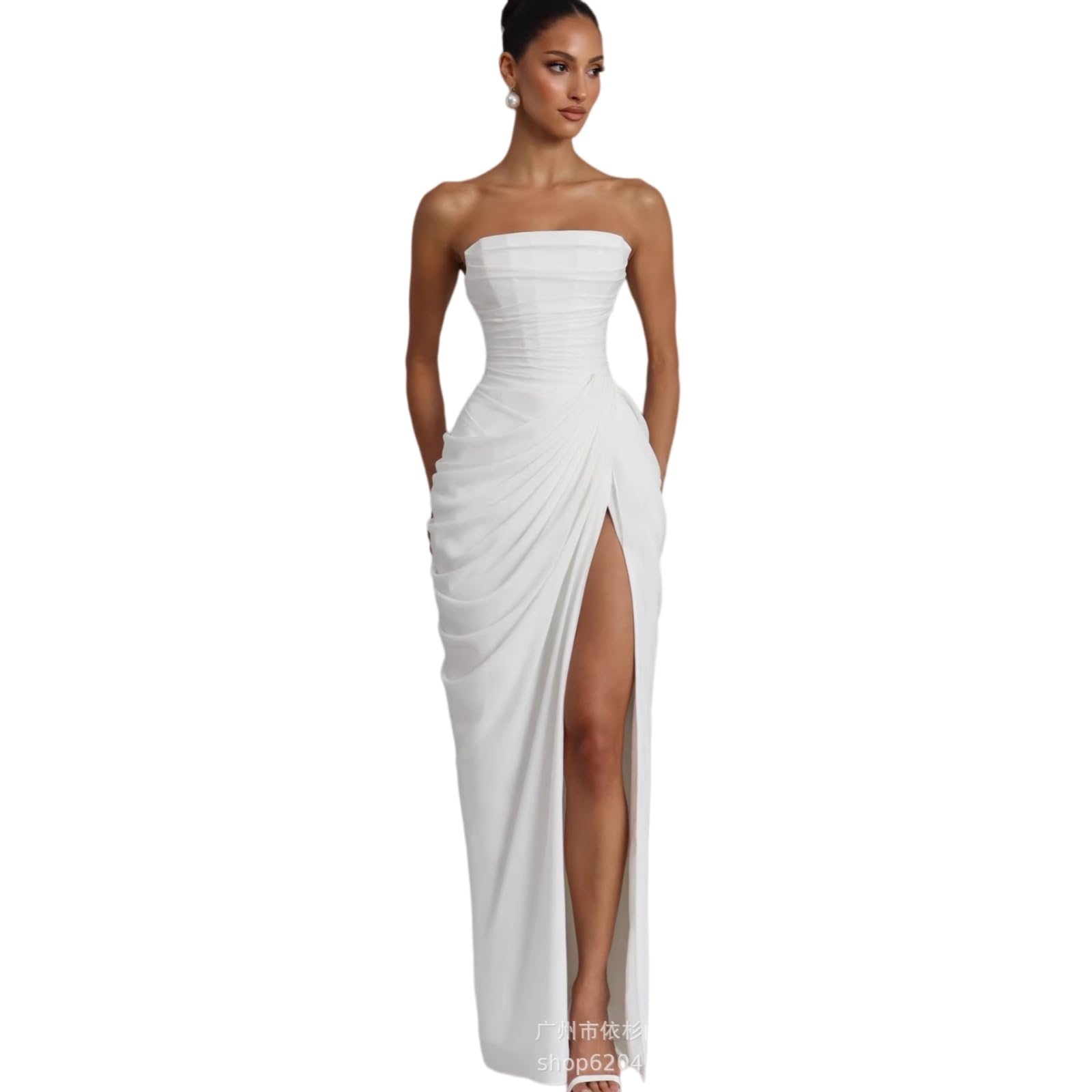 Vestito Donna Elegante Abito Piegato Senza Spalline - Fuori Spalla, Vita Alta Schienale con Split Laterale per La Sera, Festa Ed Eventi Formali-White-s-China Mainland