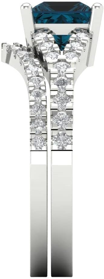 Clara Pucci London Blue Topaz Solitaire with Accents 14K White Gold Ring & Zirconia Stacking Band Anniversary Set (3.4 cttw, 5.5mm, Princess Cut)