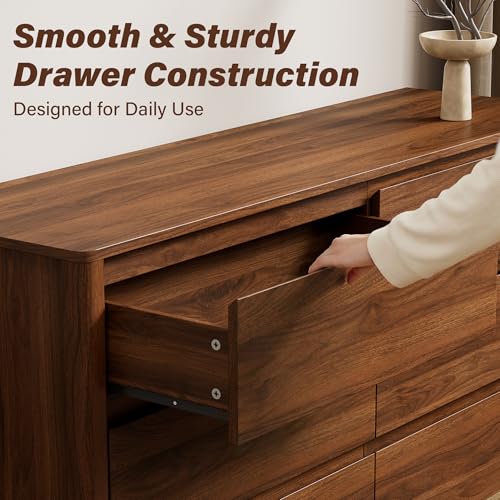 Image of Furniway 55 inch Mid-Century Modern Dresser for Bedroom, 6 Drawer Wide Chest of Drawers with Wood Legs, Large Storage Bedroom Dresser, Walnut