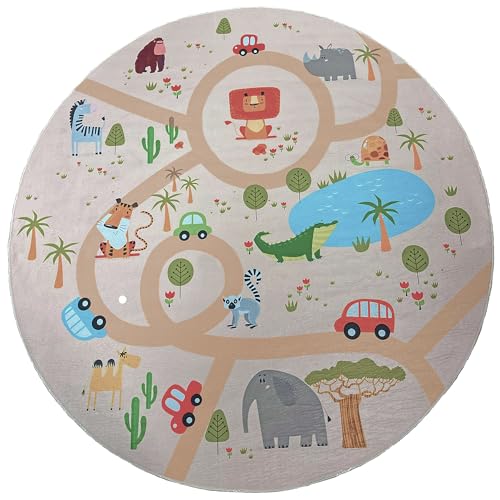 the carpet Happy Life Tapis de Jeu, pour la Chambre, Convient aux Enfants, avec Motif de la Rue, de la Route, de la Jungle, des Animaux et des Voitures, Rond, Beige-2,...