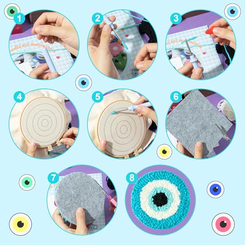 Image of WATINC Devil Eye Punch Needle Coaster Kit - 22Pcs Easy Art Work Decor Craft Supplies Kits for Beginners, DIY Set of 6 Pattern Tufted Rug Pads with Adhesive Felt Yarns Embroidery Hoop Instruction Gifts