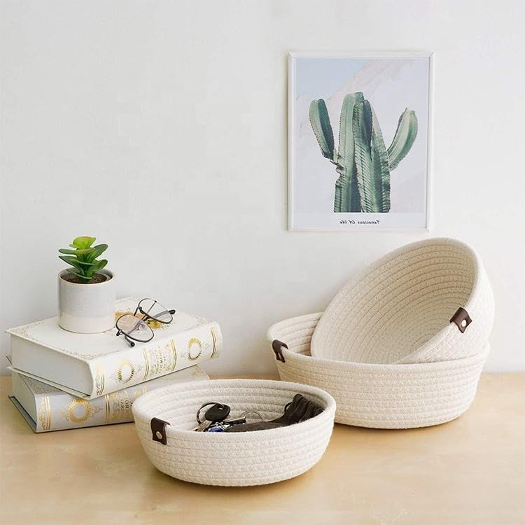 Image of Handmade Jute Cotton Storage Baskets Set of 3 for Dining Table, Fruit Basket & Roti Bowl, Cane Style Organizer for Kitchen, Home Decor, Washable Multipurpose (White)