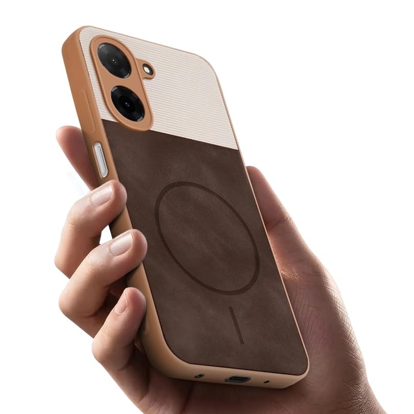 Image of Bintage CASE Mac Safe Design Hard Light Weight Back Case | Soft Border Camera Protect | Dual PU Leather Finish Back Cover Compatible for Poco C71 4G - White & Cherry Brown