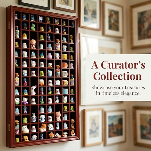 Image of 100 Thimble Display Case Wall Cabinet Holder Shadow Box with UV Protection Door and Felt Interior Background-Mahogany Finish TC100-MAH