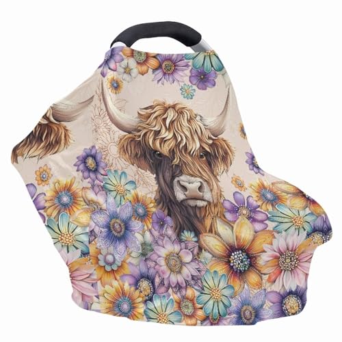 Image of Highland Cow Carseat Cover for Babies, Dahlia Floral Breathable Infant Carseat Cover for Baby Girl Carrier Cover, Shopping Cart Cover for Baby