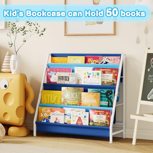 Image of Aokitsink Kid Bookshelf for Kids Rooms, 4-Tier Blue Montessori Bookshelf,Toddler Children Bookshelf,Metal Kid's Book Storage Organizer for Boys Room Furniture Playroom Kindergarten