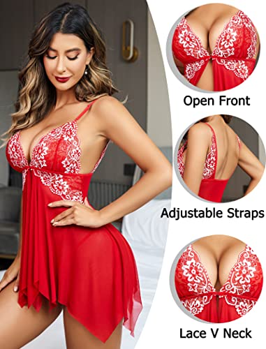 Avidlove Holiday Lingerie For Valentines Babydoll Mesh Chemise Lace Sleepwear V Neck Nightgown Full Slips Nighty Nightdress Red #TOP1