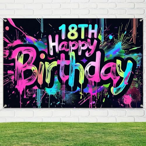 Image of HOMETITUTE Neon 18th Happy Birthday Banner 71x43 Inch Glow in The Dark Party Backdrop Colorful Wall Decor for Adults Boys Girls Eighteenth Birthday Celebrations Photo Booth Props Event Supplies