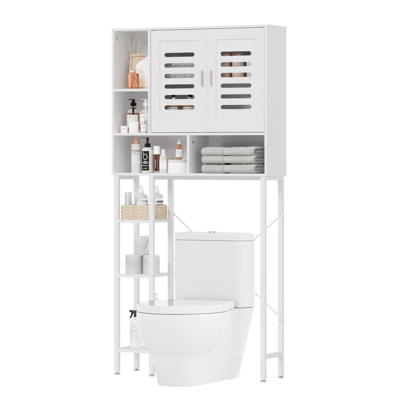 Over The Toilet Storage Cabinet with Shelves and Double Doors, Bathroom Shelf Over Toilet with Storage Compartment, Adjustable Side Storage Shelf, Freestanding Bathroom Storage Rack, White