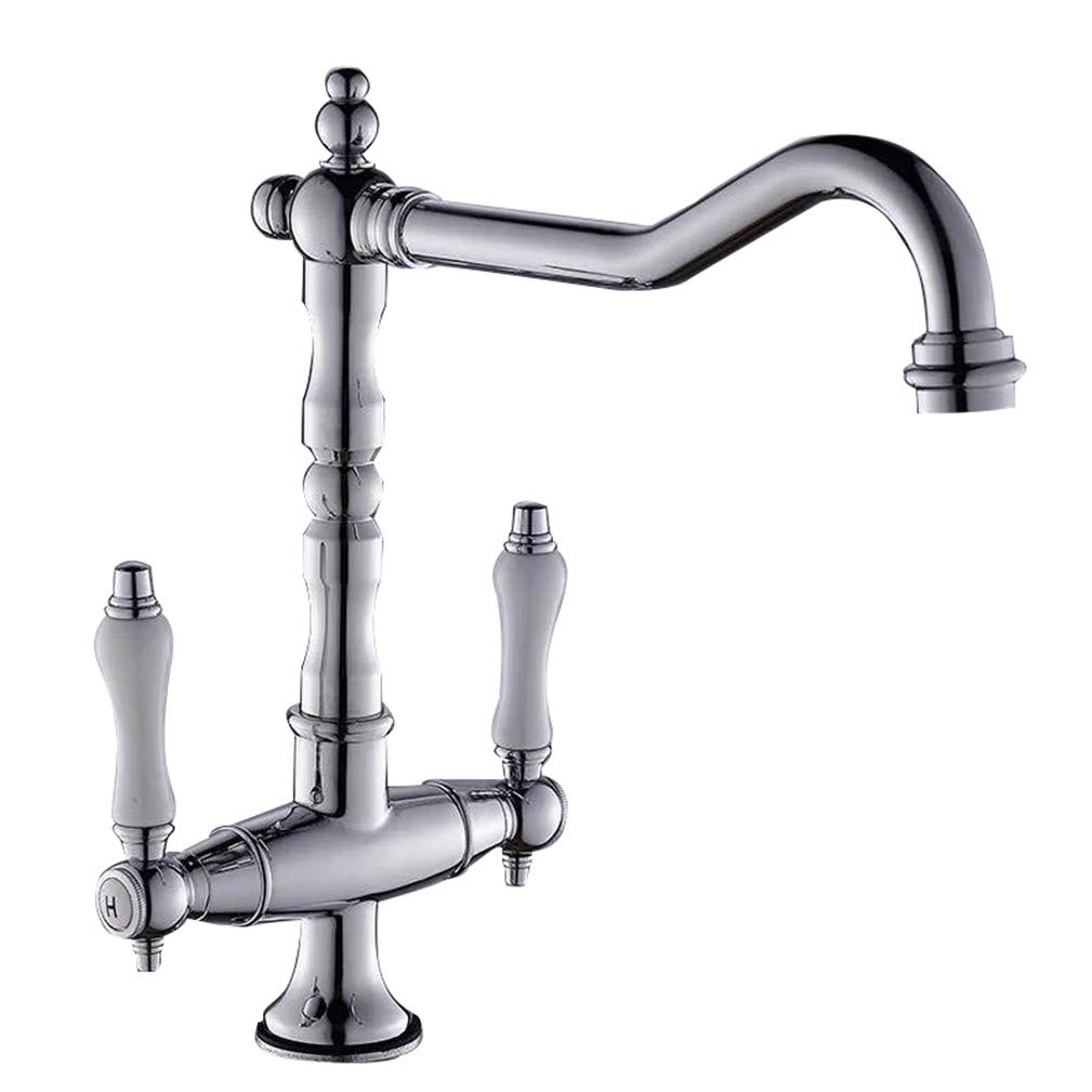 ZQFHSX Antique Brass Kitchen Faucet - Deck-Mounted Double Handle Hot & Cold Water Mixer One Hole 360° Swivel Retro Style with Aerator Chrome Finish