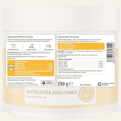 AniForte WermiX für Hunde 250g - Natürliche Kräuter, seit 10 Jahren bewährte Alternative, Unterstützung durch Saponine, Bitterstoffe, Thymian, Wermut & Salbei