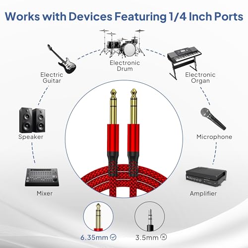 Image of Elebase 1 /4 Inch TRS Instrument Cable 20ft 2-Pack,Straight 6.35mm Male Jack Stereo Audio Interconnect Cord,6.35 mm Balanced Line for Electric Guitar,Bass,Keyboard,Mixer,Amplifier,Amp,Speaker,Equalizer