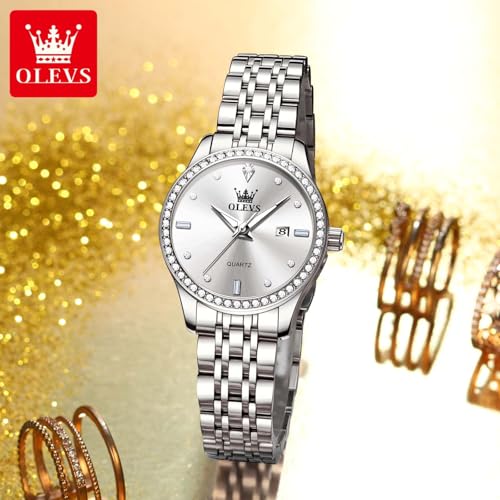 OLEVS Silver Watch for Women Diamond Small Face Waterproof Dress Watches - image 4