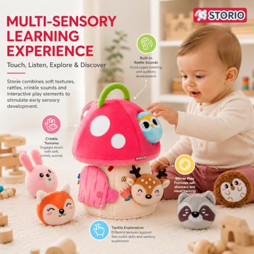 Image of Storio Mushroom House Plush Toy Set with 6 Stuffed Animals, Sensory Soft Toys for Babies & Toddlers, Fill and Dump Activity Toy, Travel Carry Case, Learning Toy for Kids 6 Months+