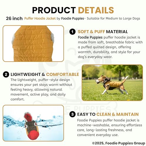 Image of Foodie Puppies Dog Puffer Hoodie Warm Winter Jacket - (Yellow Olive, 26 Inch) for Medium to Large Dogs | Ultra Warm Waterproof & Windproof Fur Coat | Washable Pet Vest Apparel for Cold Weather