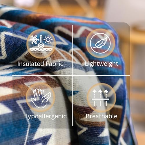 Native Design Alpaca Wool Throw Blanket, Aztec Pattern (Blue, 78"x48")